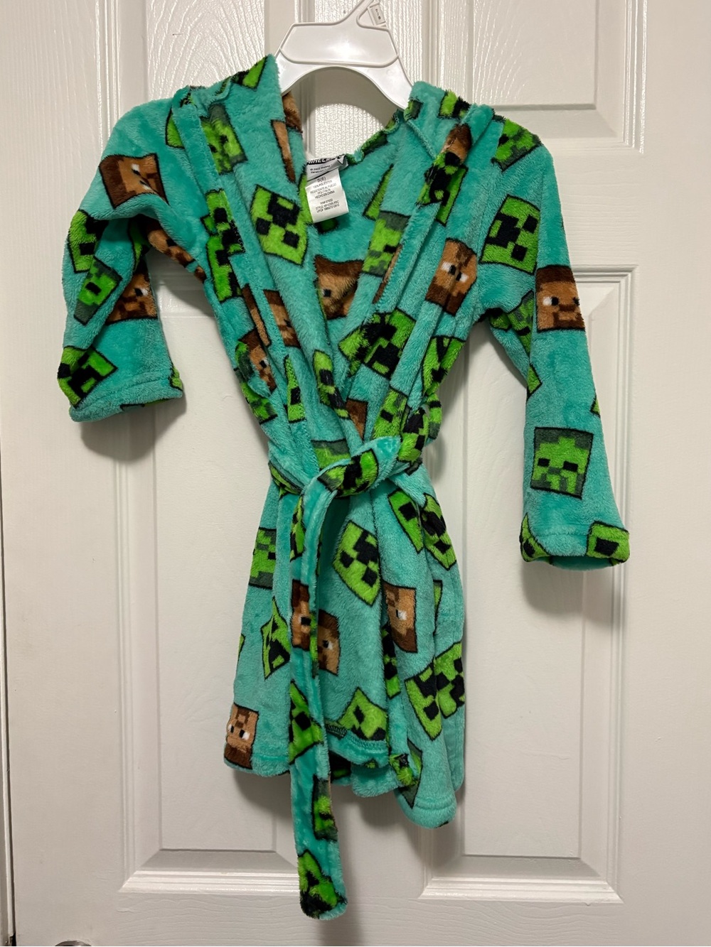 *Minecraft Turquoise Green Kids Small(6) Plush Hooded Character Print Bath Robe